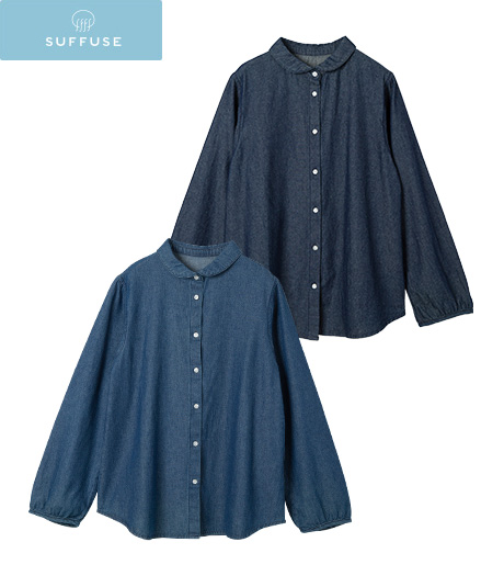 【SUFFUSE】【今風カジュアル】レディースデニムショールカラーシャツカラー:ブルーネービーサイズ:M・L商品番号:42-105-474-01~